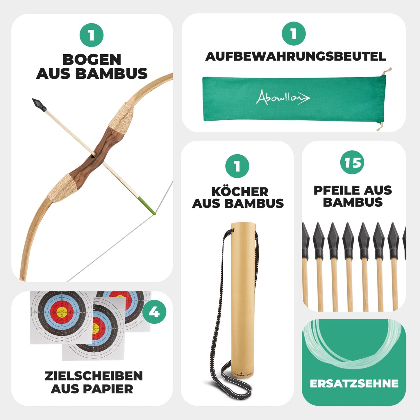 Abowllon® Pfeil und Bogen Kinder Sportgerät Set 15 Pfeile mit Gummispitze, Köcher, Tasche & 4 Zielscheiben | Bogenschießen Kinder | Für Rechts und Linkshänder Kinderbogen