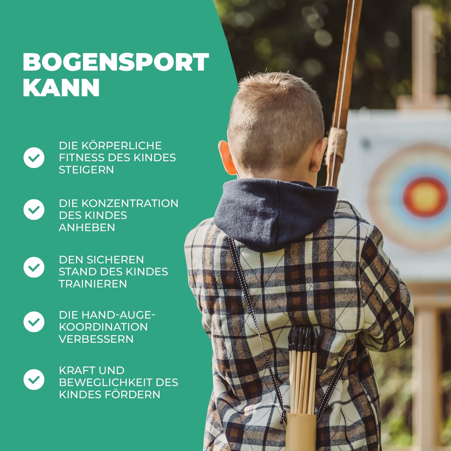 Abowllon® Pfeil und Bogen Kinder Sportgerät Set 15 Pfeile mit Gummispitze, Köcher, Tasche & 4 Zielscheiben | Bogenschießen Kinder | Für Rechts und Linkshänder Kinderbogen